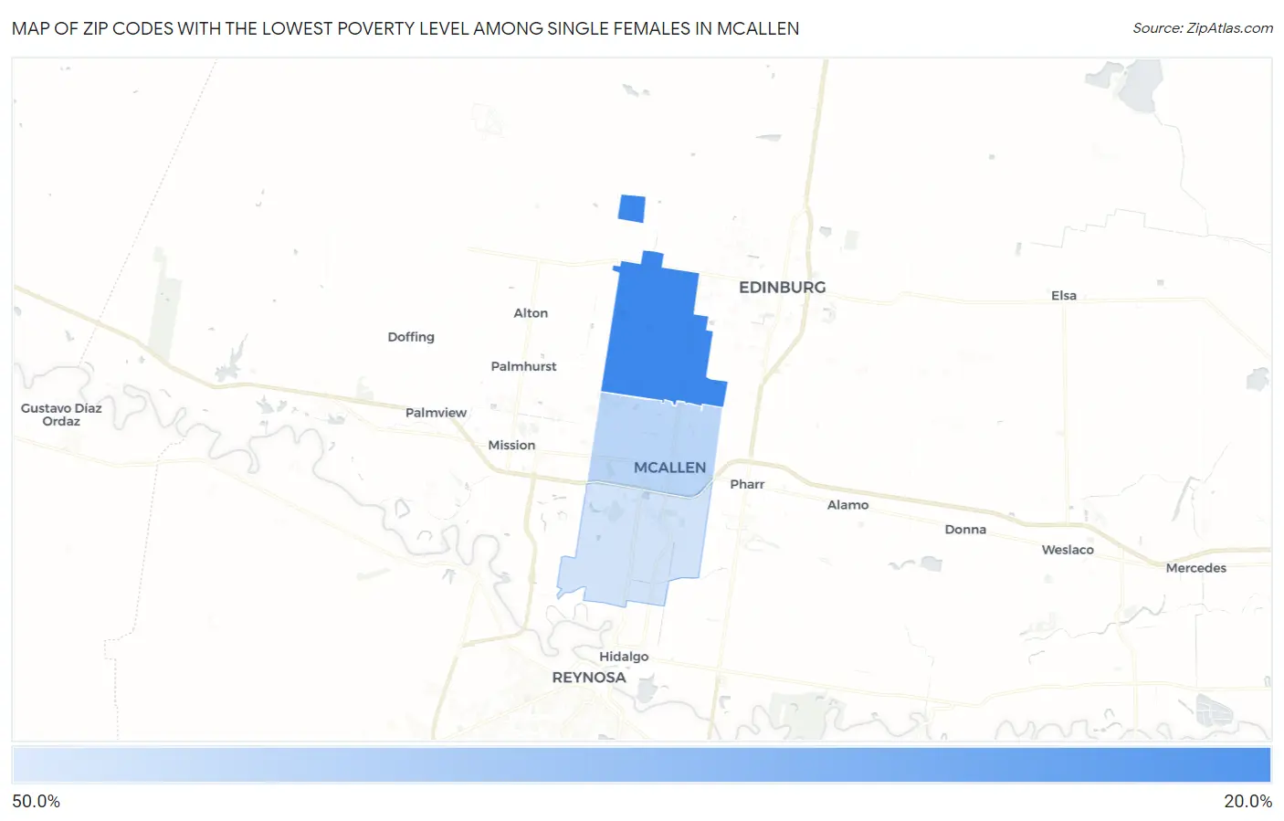 Zip Codes with the Lowest Poverty Level Among Single Females in Mcallen Map