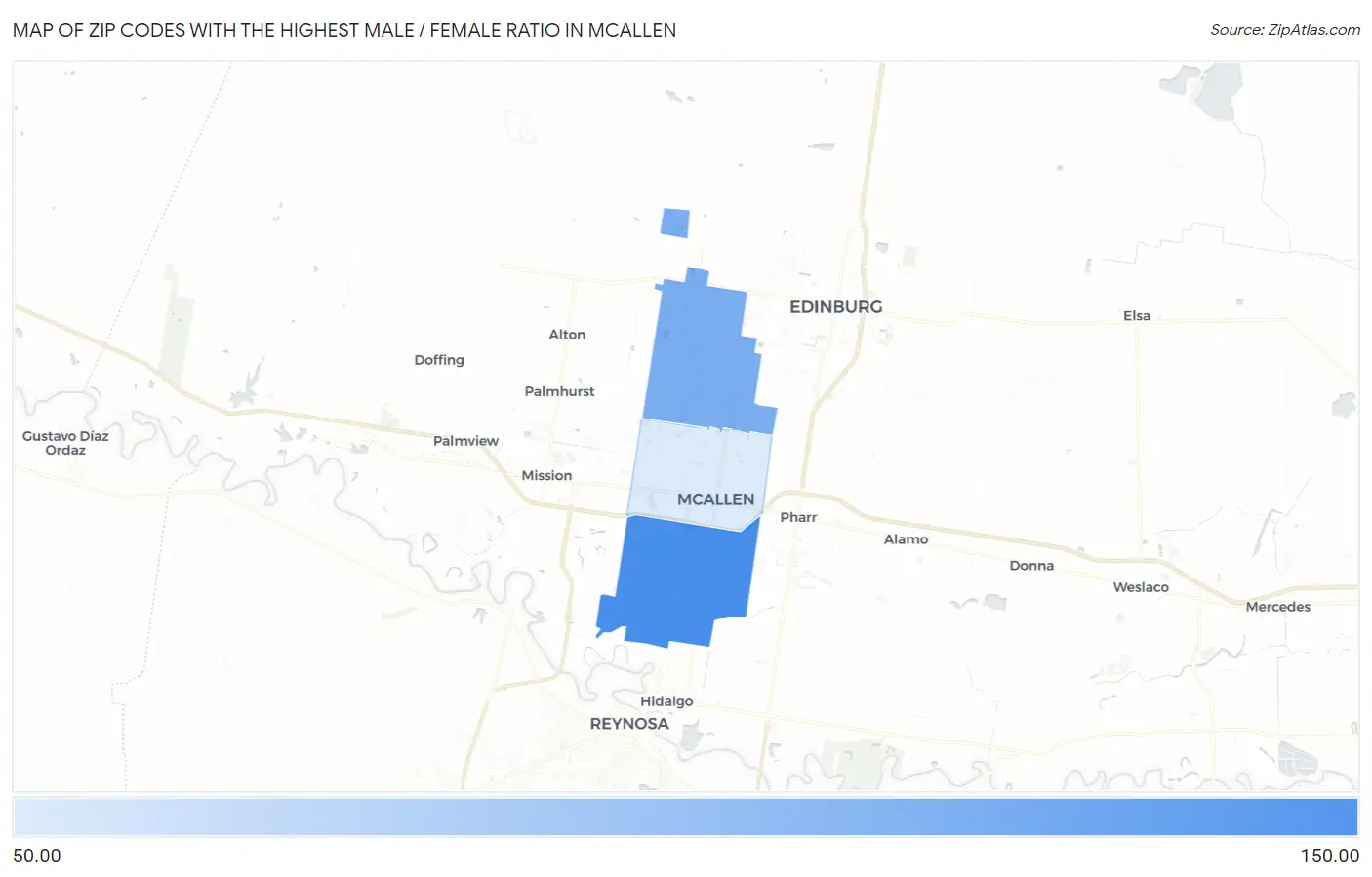 Zip Codes with the Highest Male / Female Ratio in Mcallen Map