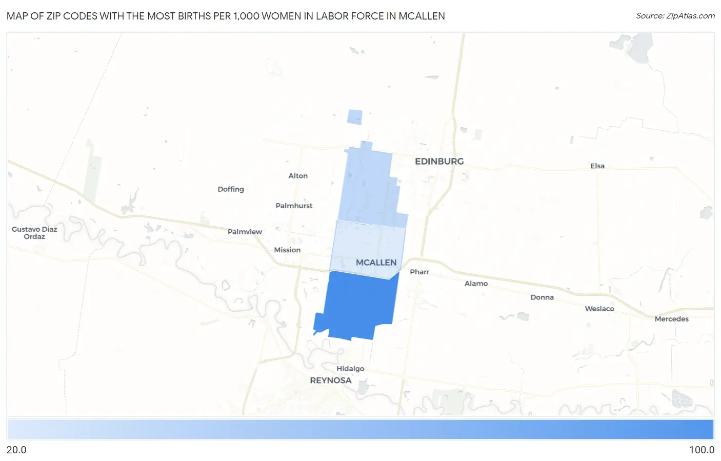 Zip Codes with the Most Births per 1,000 Women in Labor Force in Mcallen Map