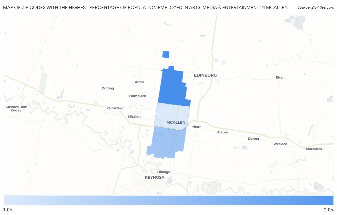 Zip Codes with the Highest Percentage of Population Employed in Arts, Media & Entertainment in Mcallen Map