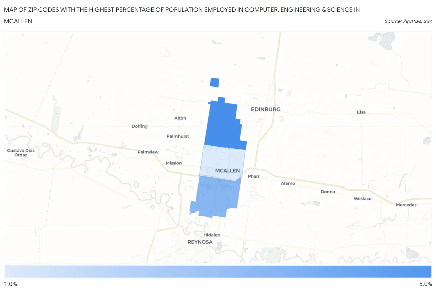 Zip Codes with the Highest Percentage of Population Employed in Computer, Engineering & Science in Mcallen Map