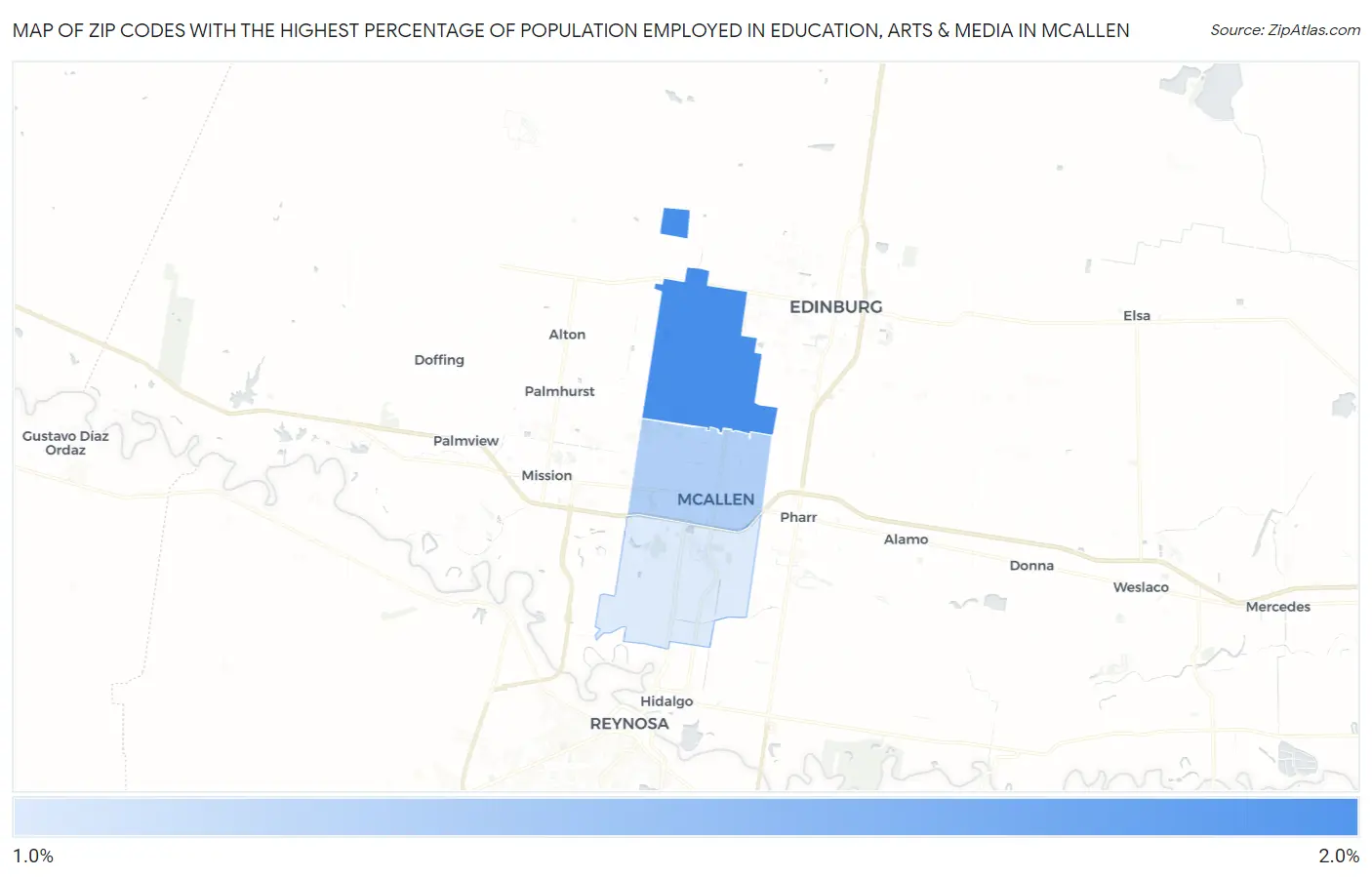 Zip Codes with the Highest Percentage of Population Employed in Education, Arts & Media in Mcallen Map