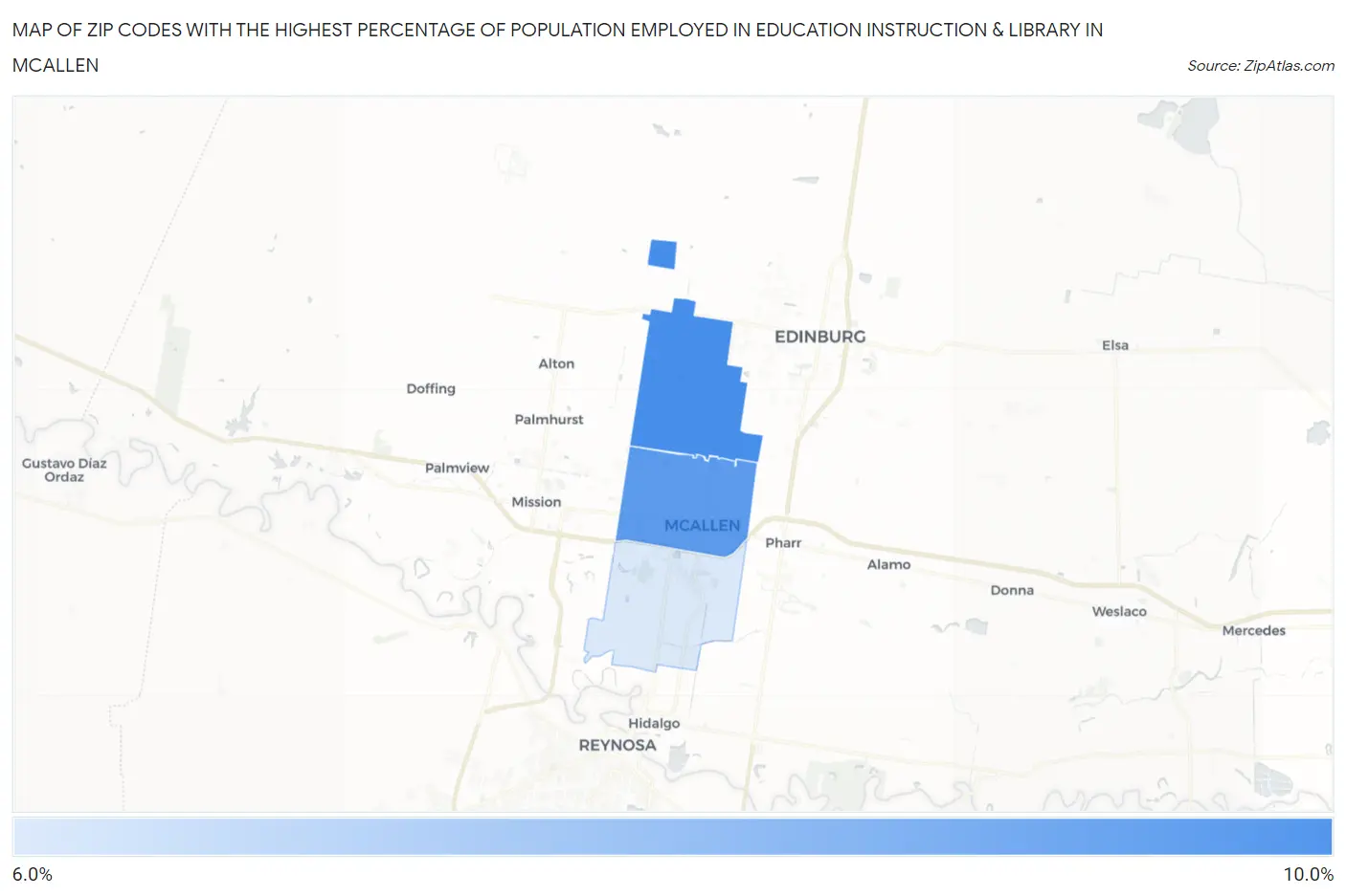 Zip Codes with the Highest Percentage of Population Employed in Education Instruction & Library in Mcallen Map