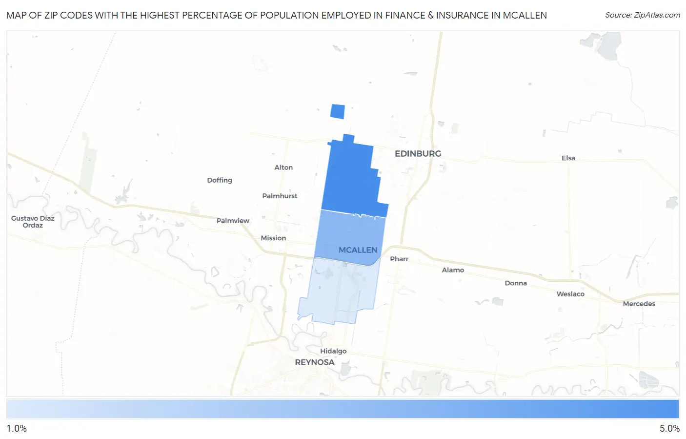 Zip Codes with the Highest Percentage of Population Employed in Finance & Insurance in Mcallen Map
