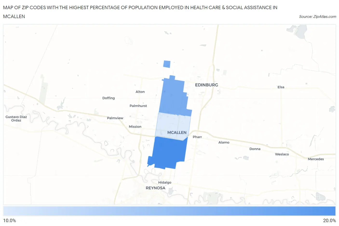 Zip Codes with the Highest Percentage of Population Employed in Health Care & Social Assistance in Mcallen Map