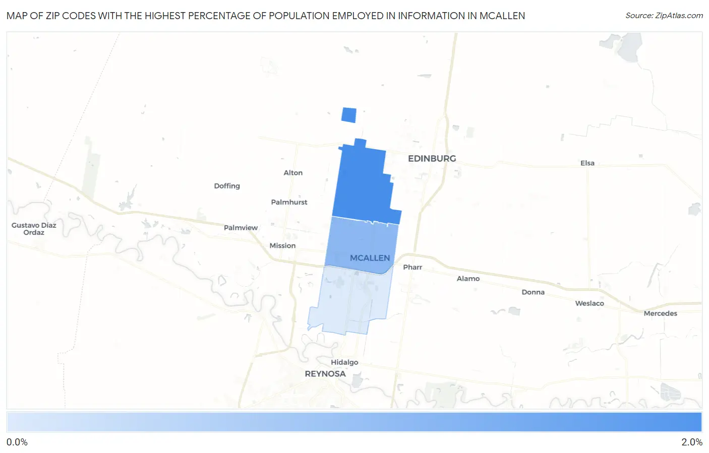 Zip Codes with the Highest Percentage of Population Employed in Information in Mcallen Map