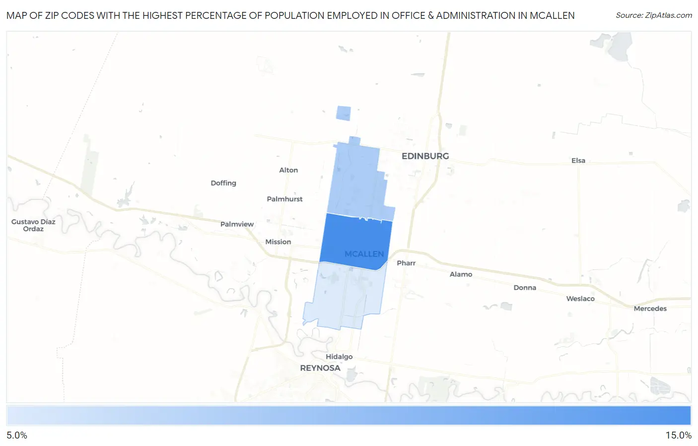 Zip Codes with the Highest Percentage of Population Employed in Office & Administration in Mcallen Map