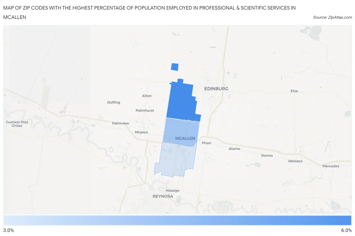Zip Codes with the Highest Percentage of Population Employed in Professional & Scientific Services in Mcallen Map