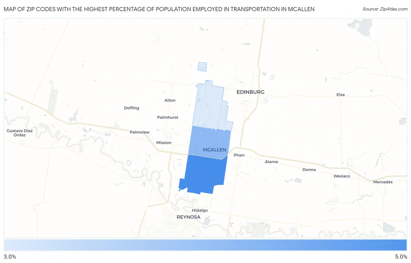 Zip Codes with the Highest Percentage of Population Employed in Transportation in Mcallen Map