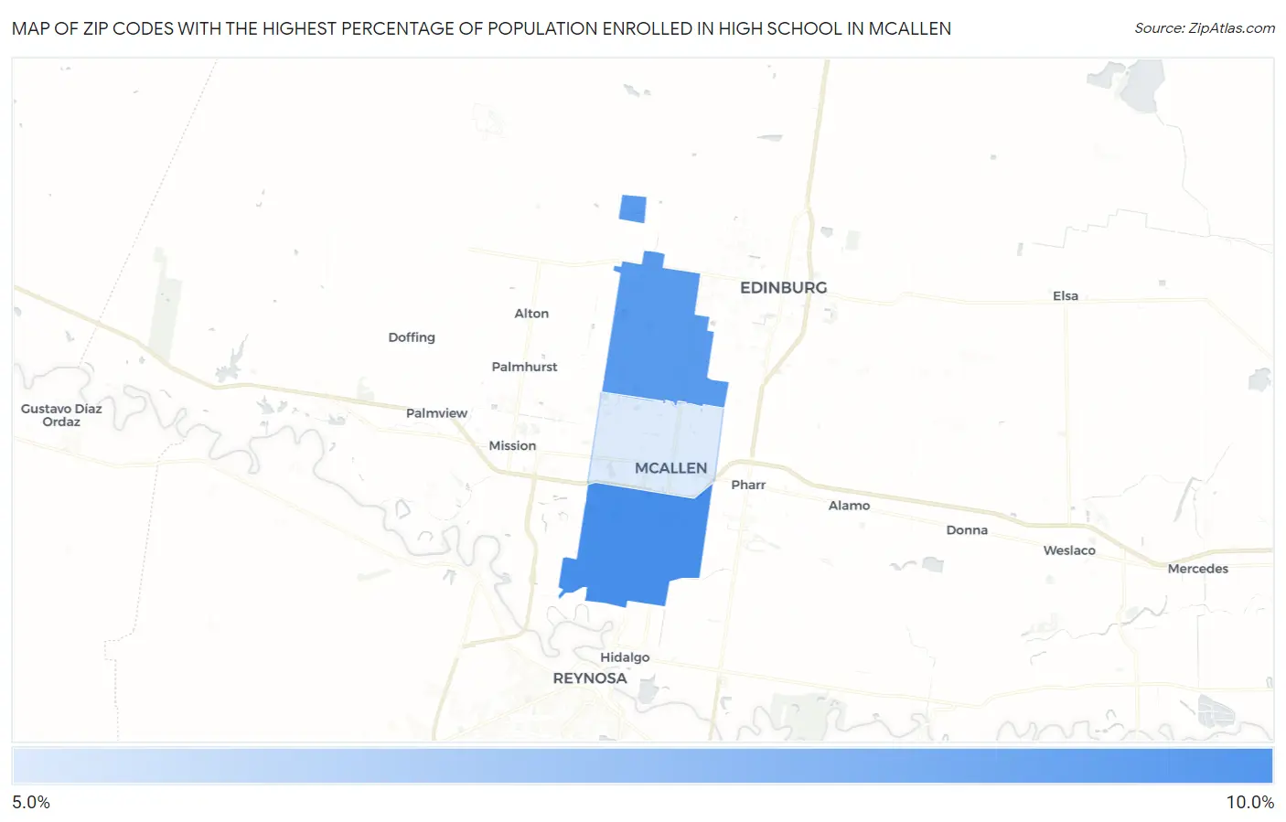 Zip Codes with the Highest Percentage of Population Enrolled in High School in Mcallen Map