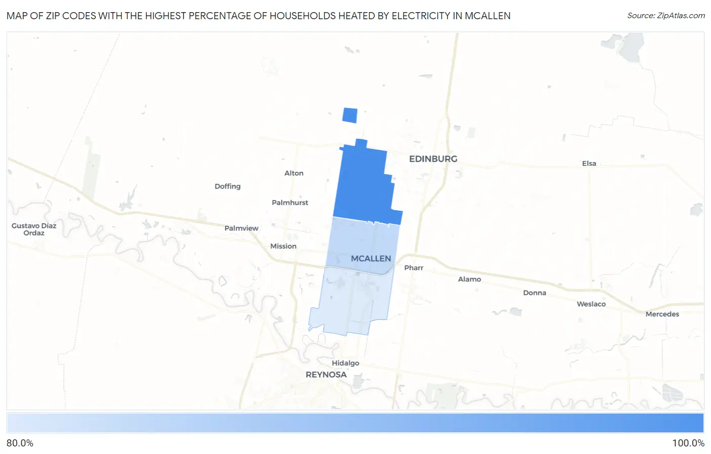 Zip Codes with the Highest Percentage of Households Heated by Electricity in Mcallen Map