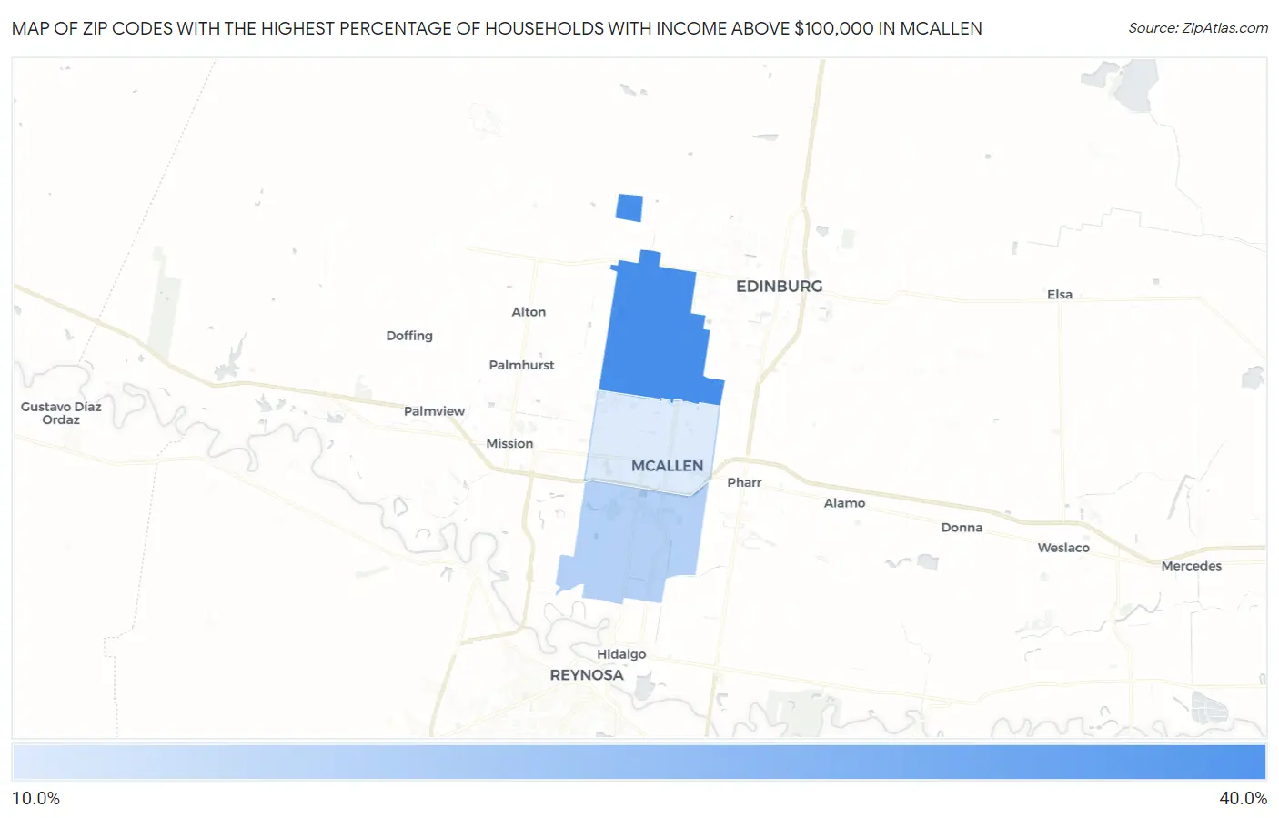 Zip Codes with the Highest Percentage of Households with Income Above $100,000 in Mcallen Map