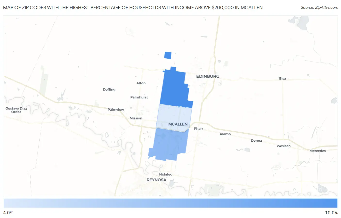 Zip Codes with the Highest Percentage of Households with Income Above $200,000 in Mcallen Map