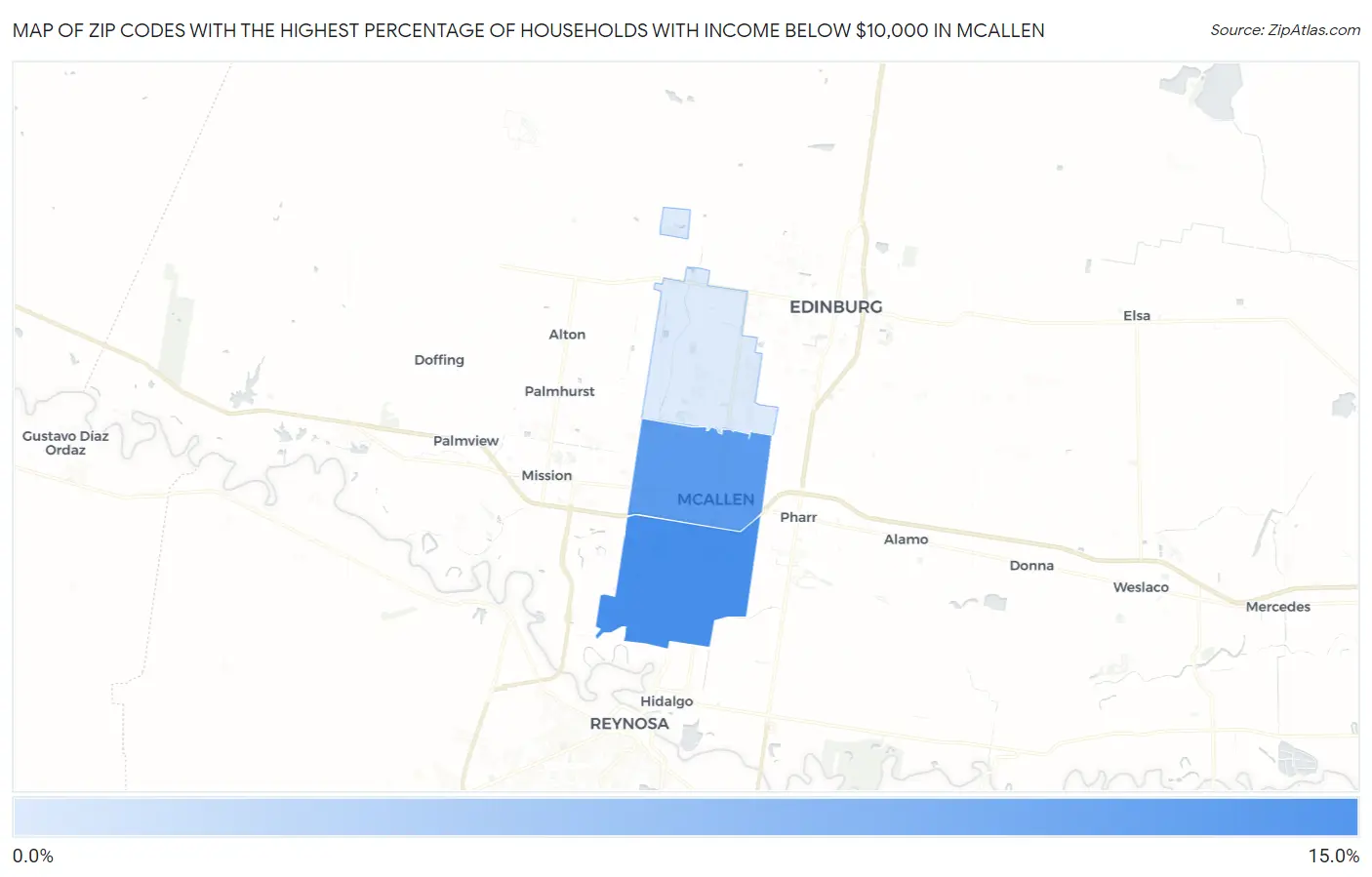 Zip Codes with the Highest Percentage of Households with Income Below $10,000 in Mcallen Map