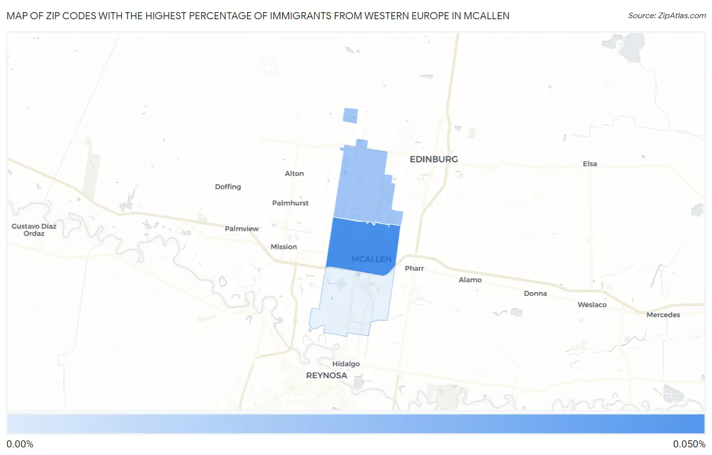 Zip Codes with the Highest Percentage of Immigrants from Western Europe in Mcallen Map