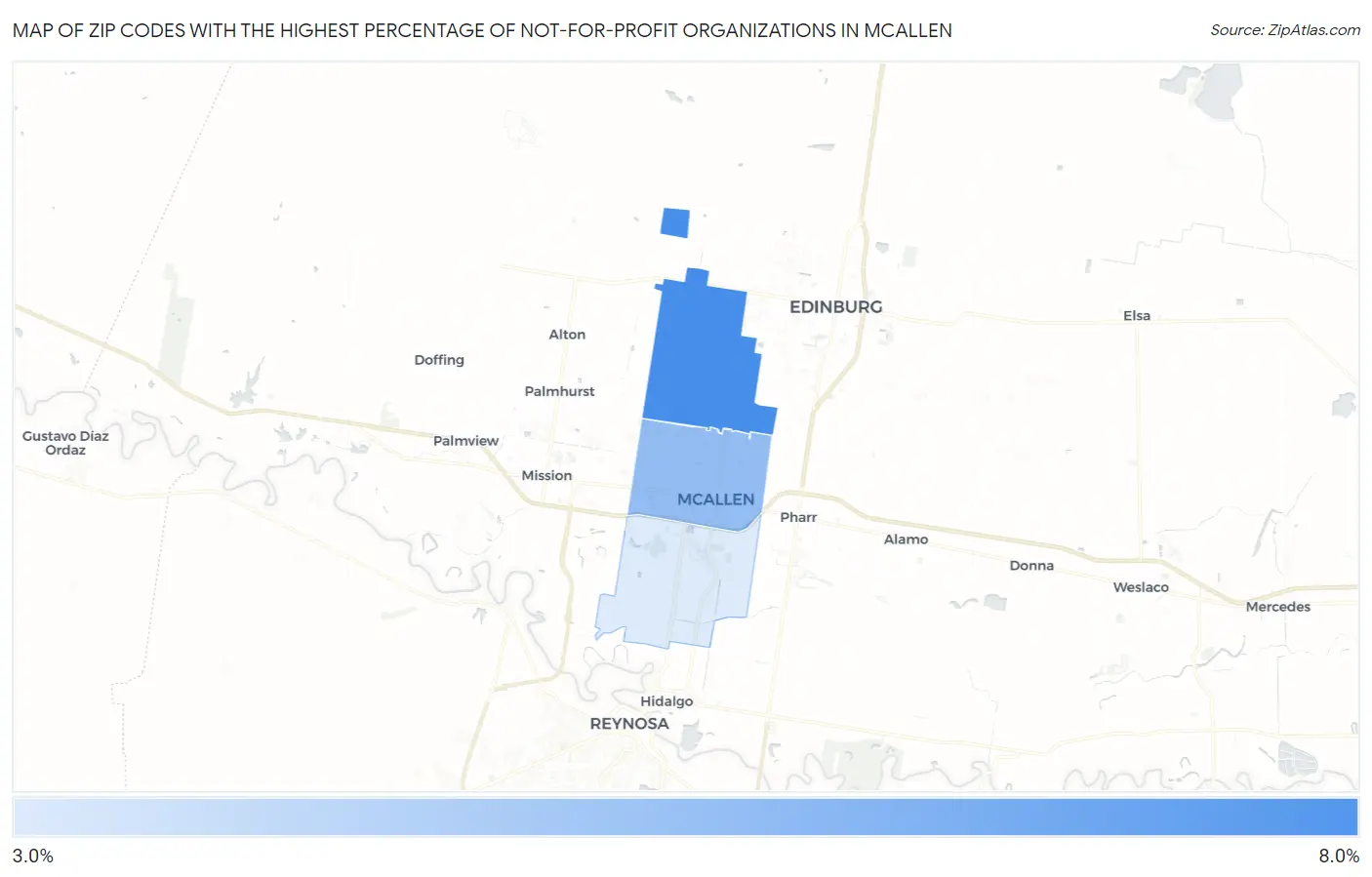 Zip Codes with the Highest Percentage of Not-for-profit Organizations in Mcallen Map