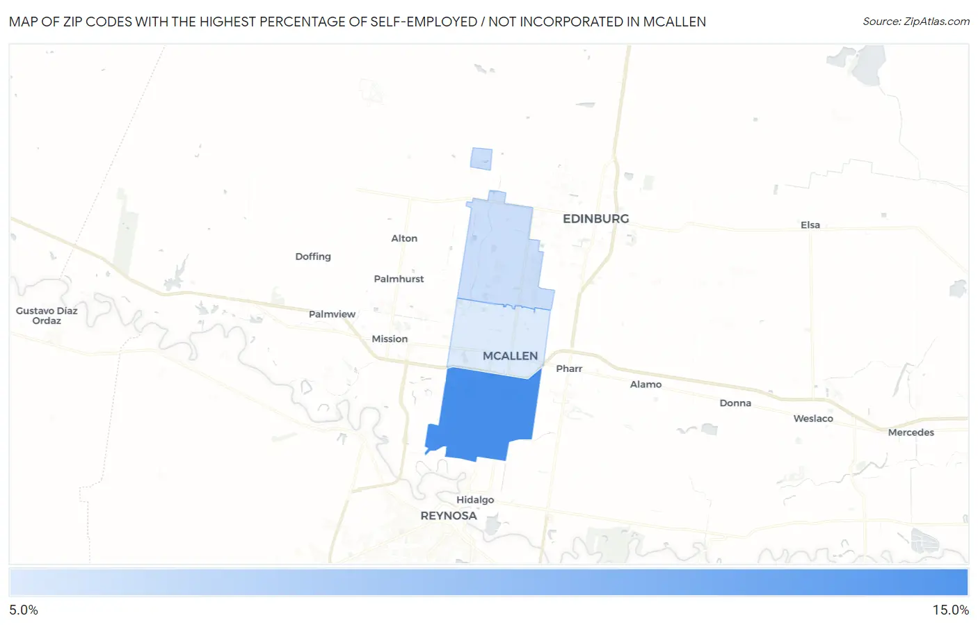 Zip Codes with the Highest Percentage of Self-Employed / Not Incorporated in Mcallen Map