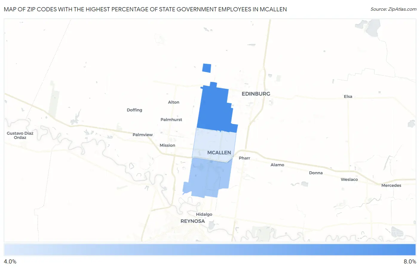 Zip Codes with the Highest Percentage of State Government Employees in Mcallen Map