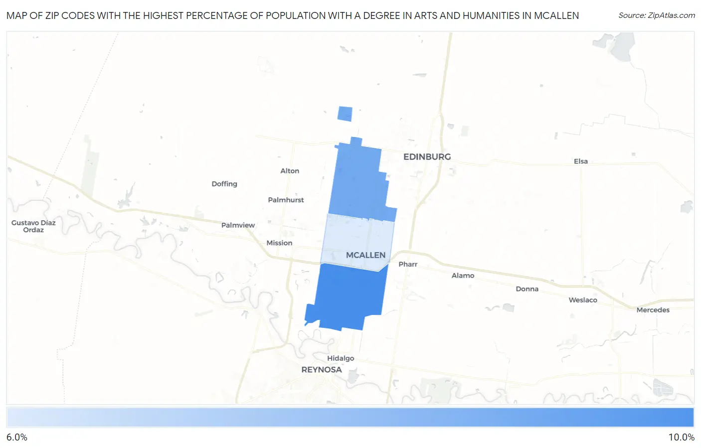 Zip Codes with the Highest Percentage of Population with a Degree in Arts and Humanities in Mcallen Map
