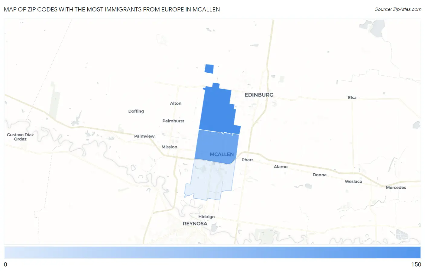 Zip Codes with the Most Immigrants from Europe in Mcallen Map