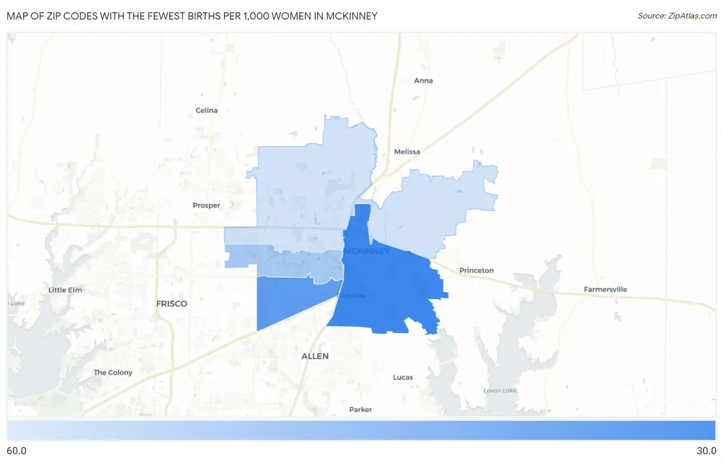 Zip Codes with the Fewest Births per 1,000 Women in Mckinney Map