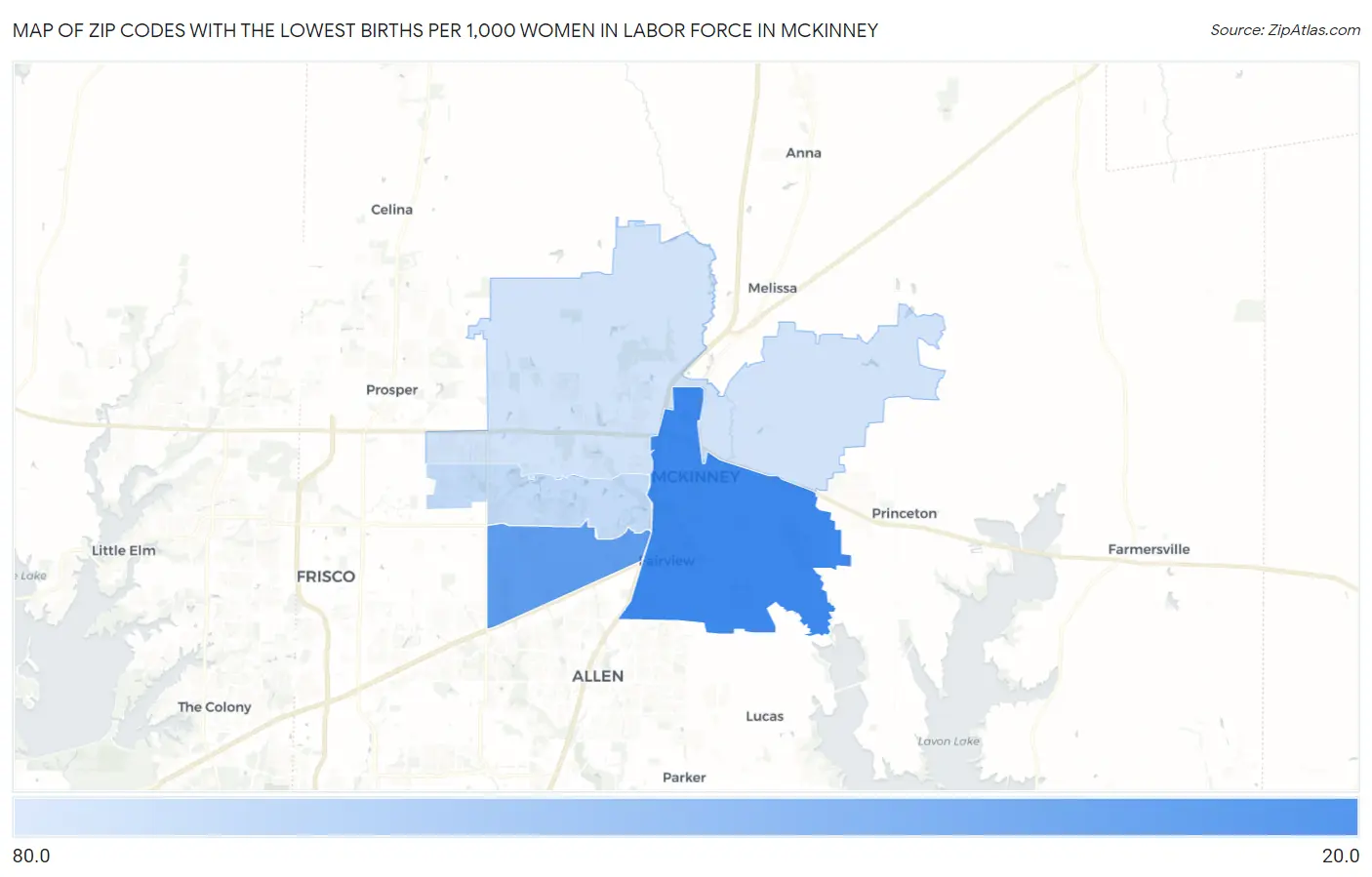 Zip Codes with the Lowest Births per 1,000 Women in Labor Force in Mckinney Map