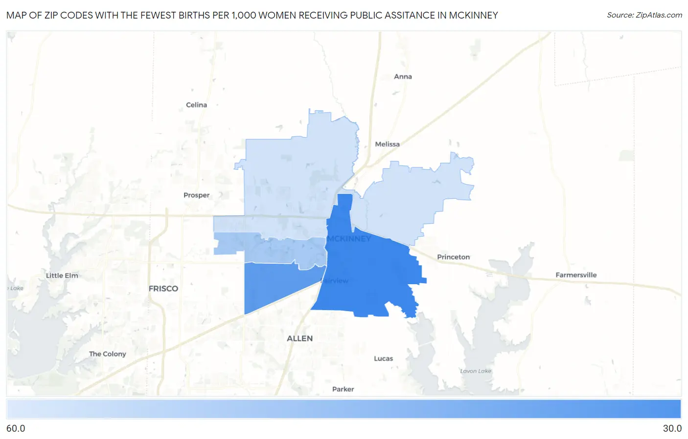 Zip Codes with the Fewest Births per 1,000 Women Receiving Public Assitance in Mckinney Map