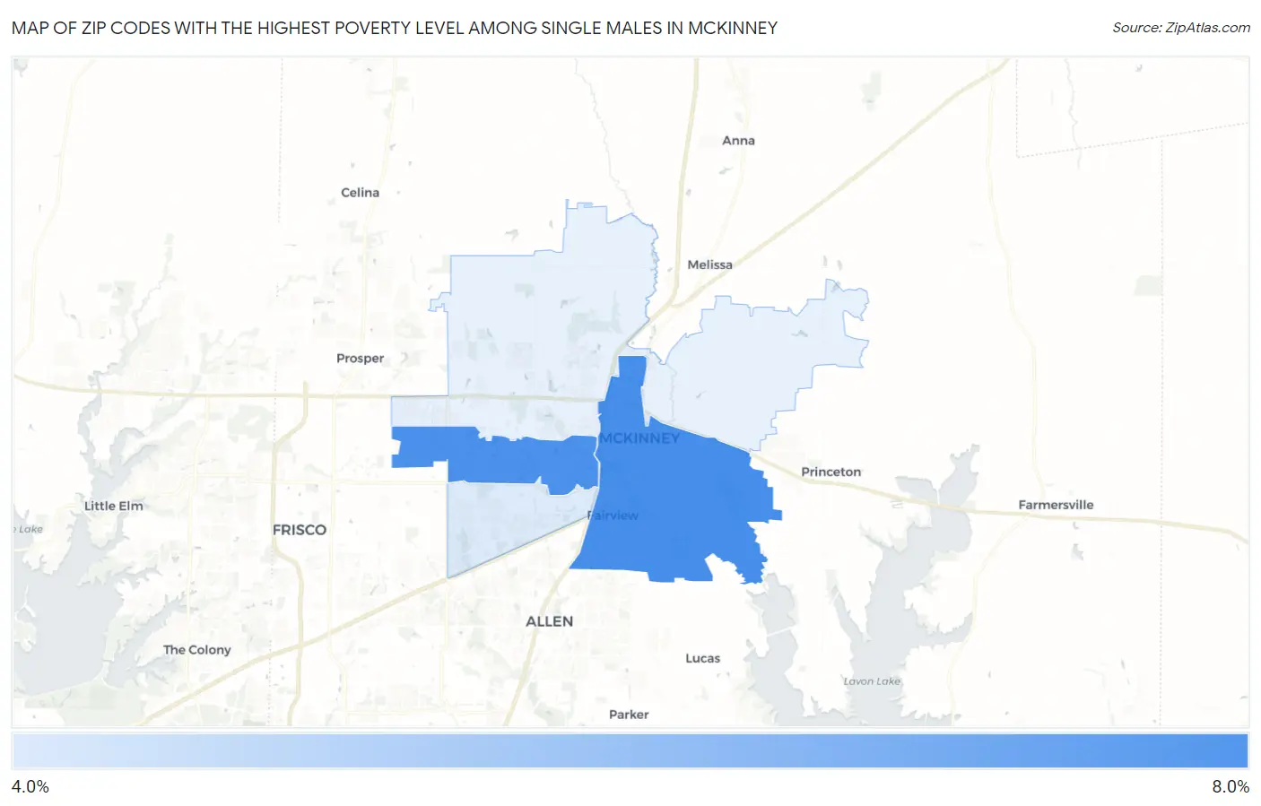 Zip Codes with the Highest Poverty Level Among Single Males in Mckinney Map
