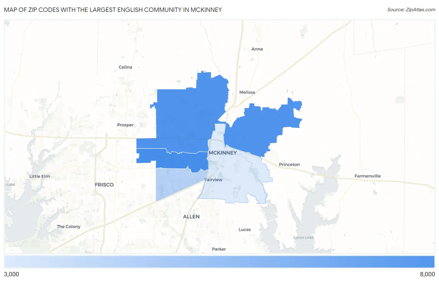 Zip Codes with the Largest English Community in Mckinney Map