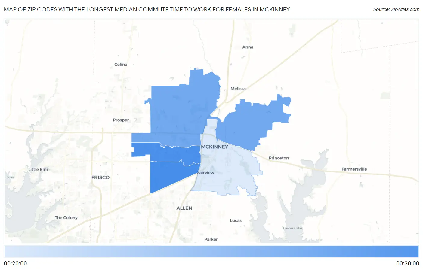 Zip Codes with the Longest Median Commute Time to Work for Females in Mckinney Map