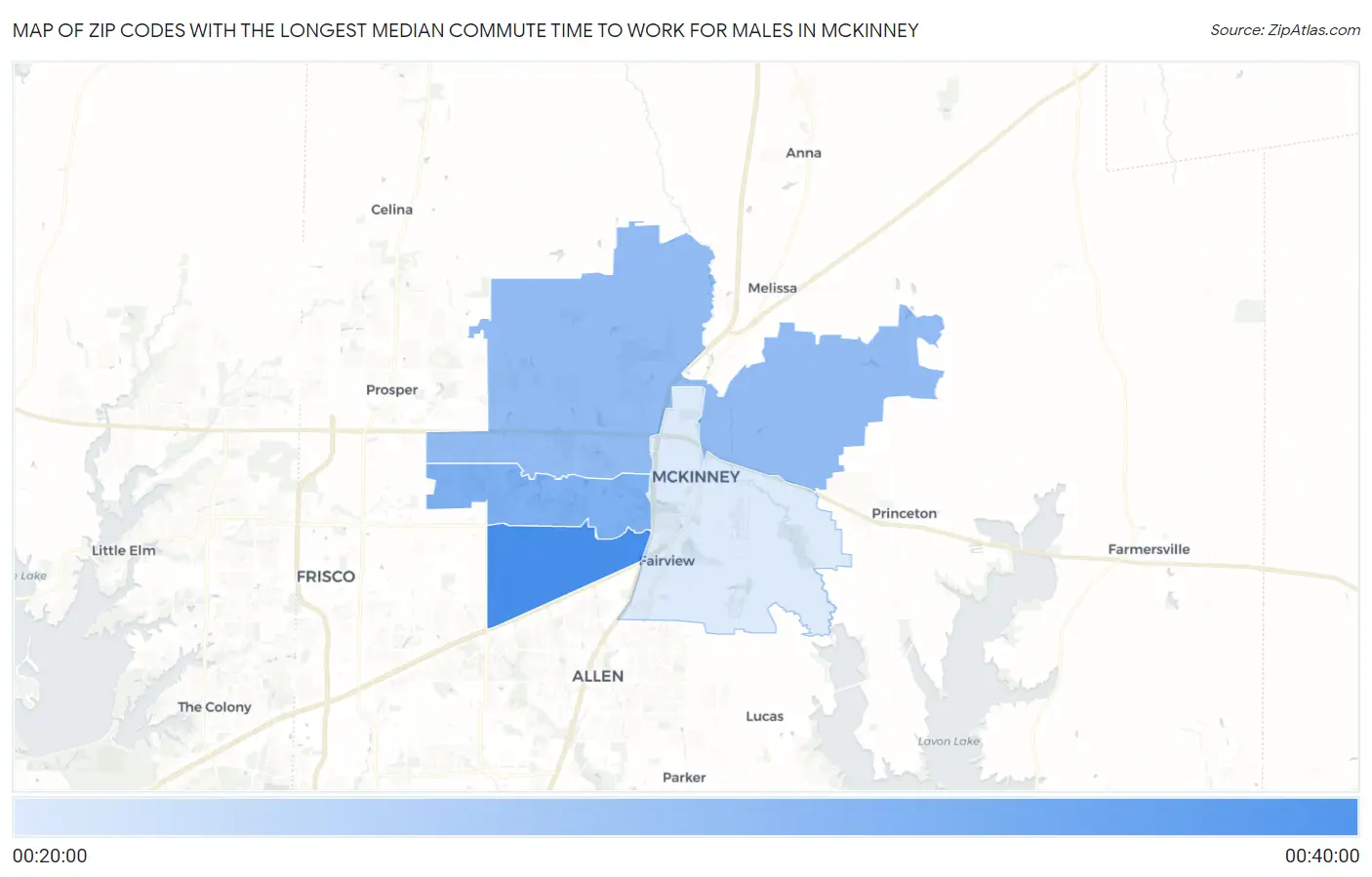 Zip Codes with the Longest Median Commute Time to Work for Males in Mckinney Map