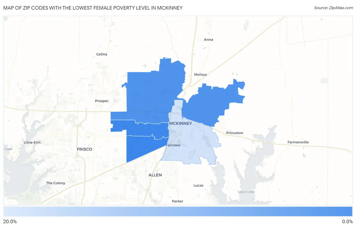 Zip Codes with the Lowest Female Poverty Level in Mckinney Map