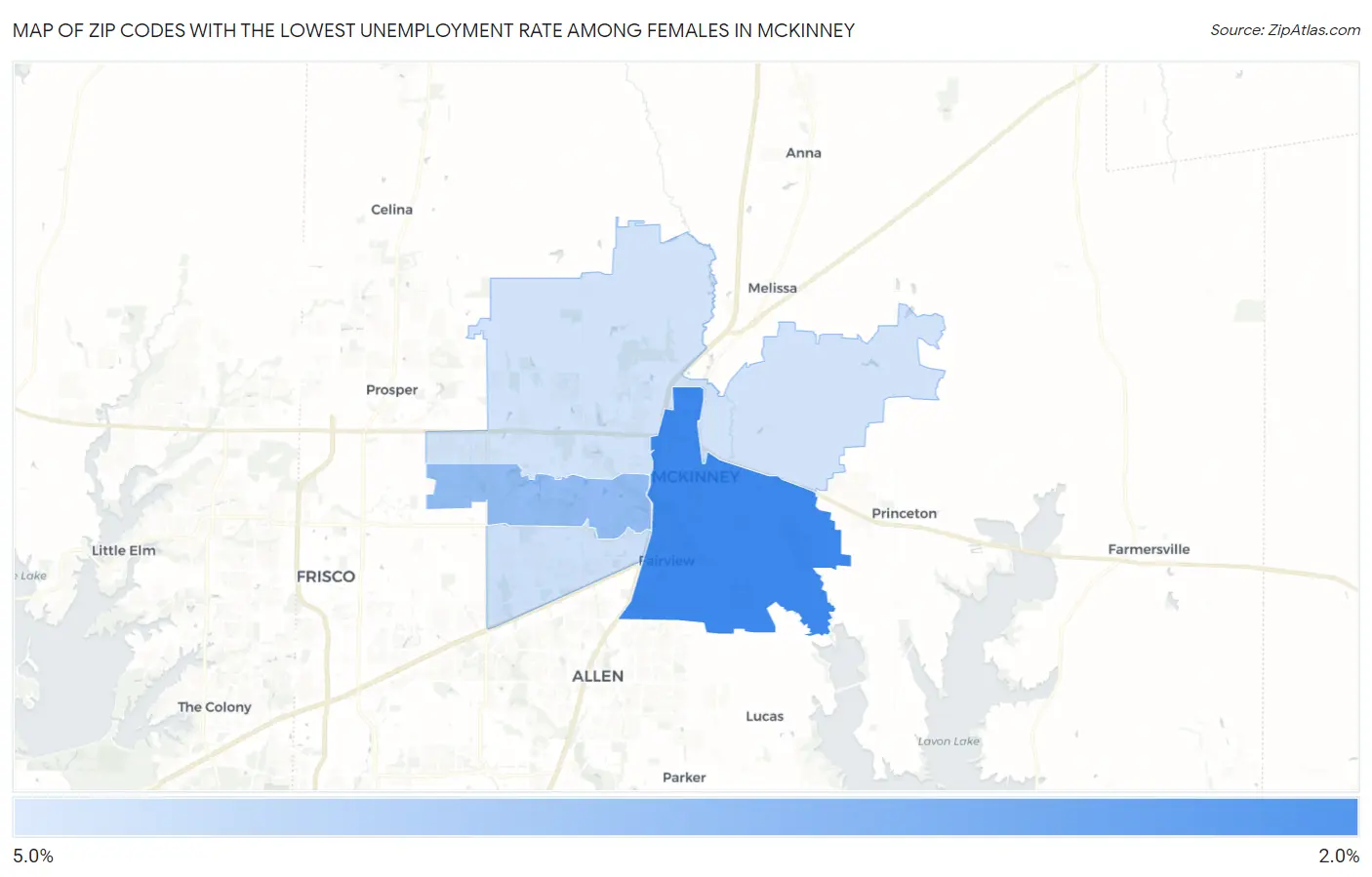 Zip Codes with the Lowest Unemployment Rate Among Females in Mckinney Map