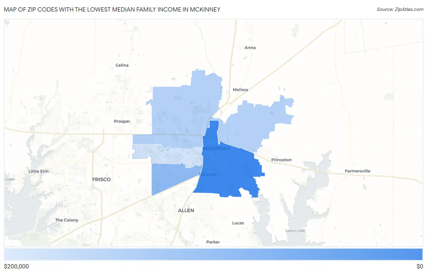 Zip Codes with the Lowest Median Family Income in Mckinney Map