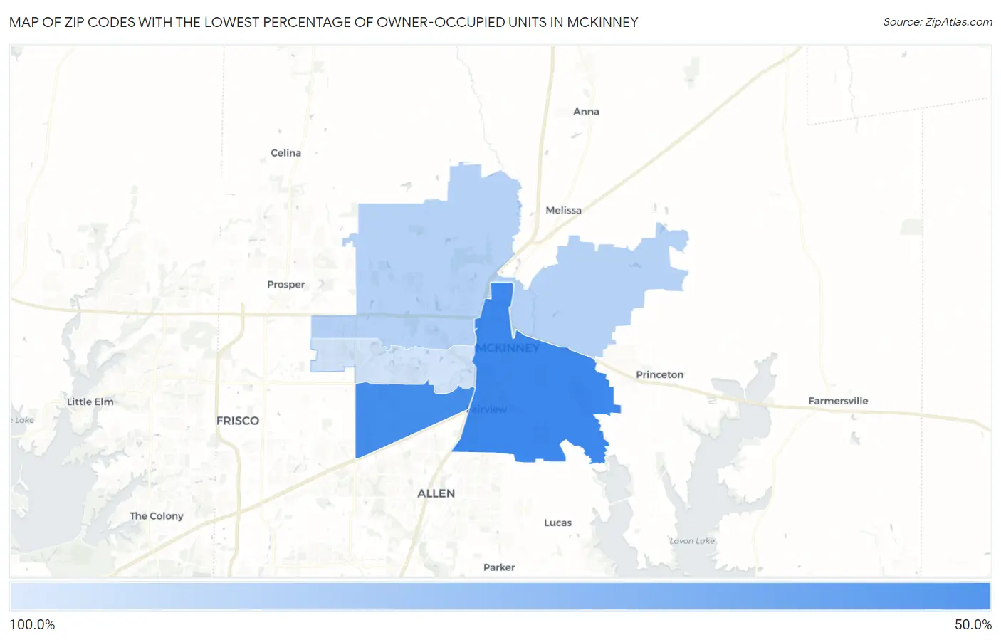 Zip Codes with the Lowest Percentage of Owner-Occupied Units in Mckinney Map