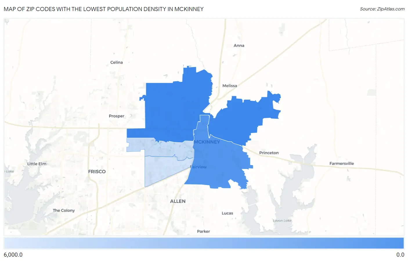 Zip Codes with the Lowest Population Density in Mckinney Map