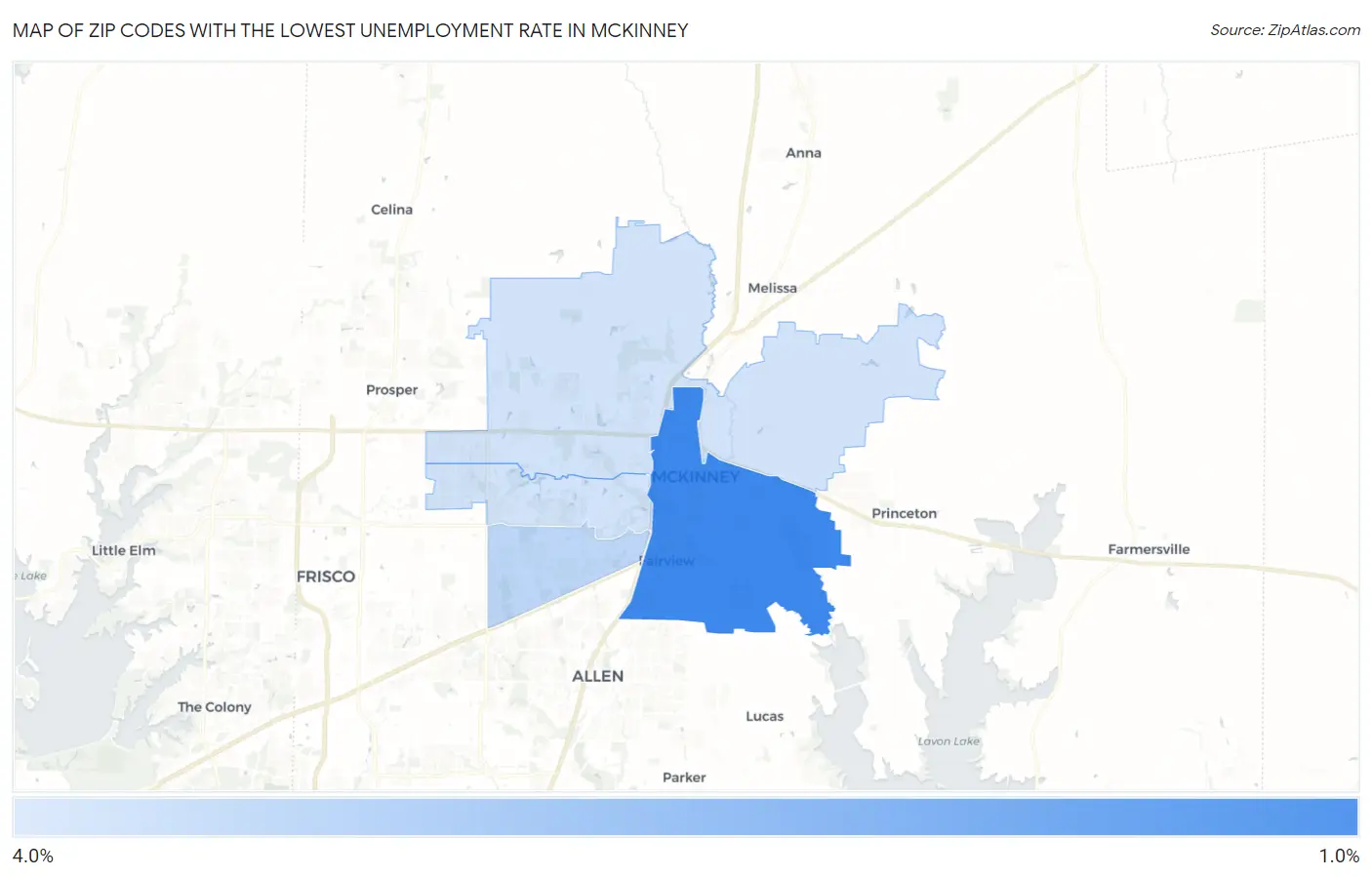 Zip Codes with the Lowest Unemployment Rate in Mckinney Map