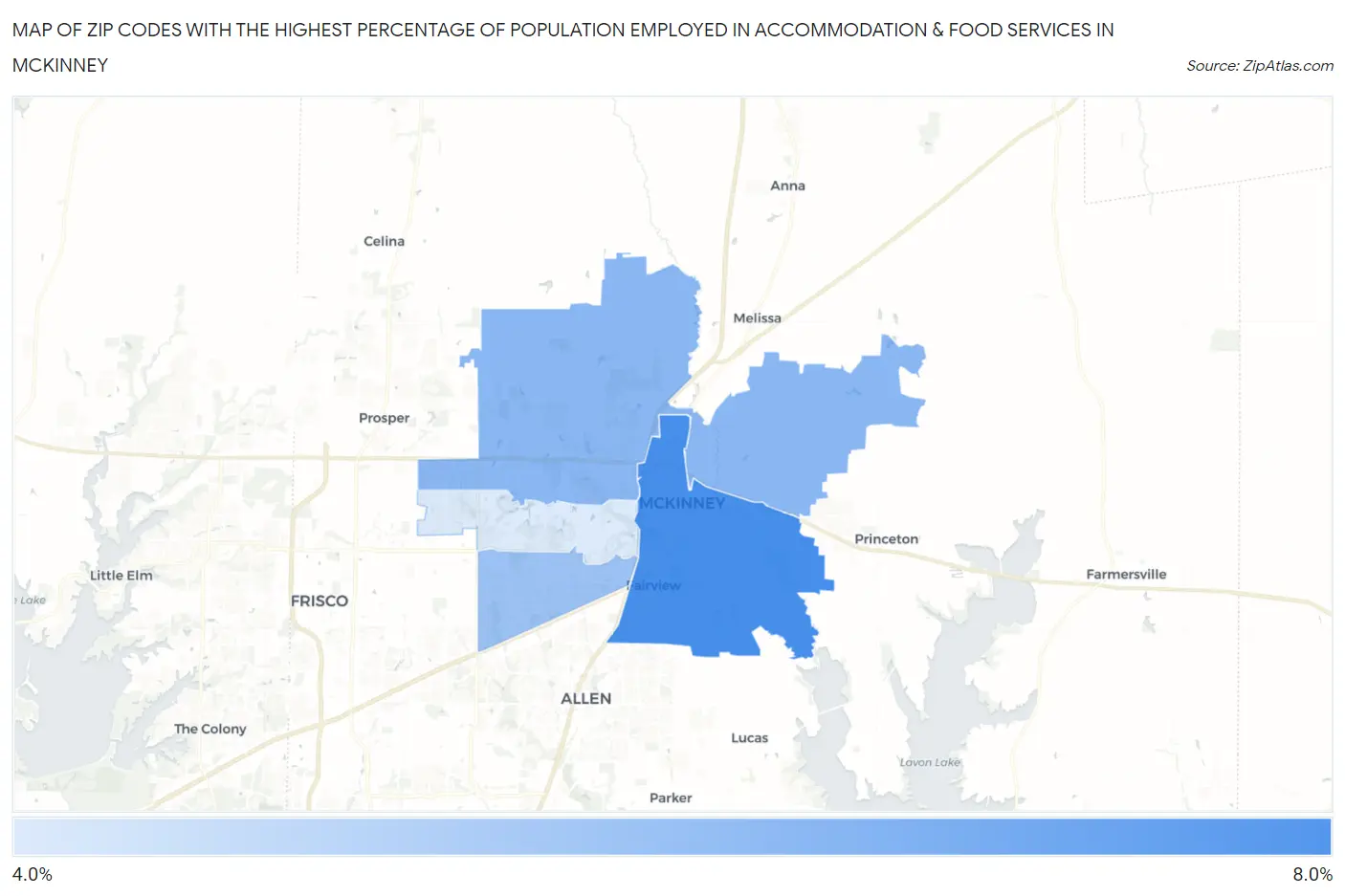 Zip Codes with the Highest Percentage of Population Employed in Accommodation & Food Services in Mckinney Map