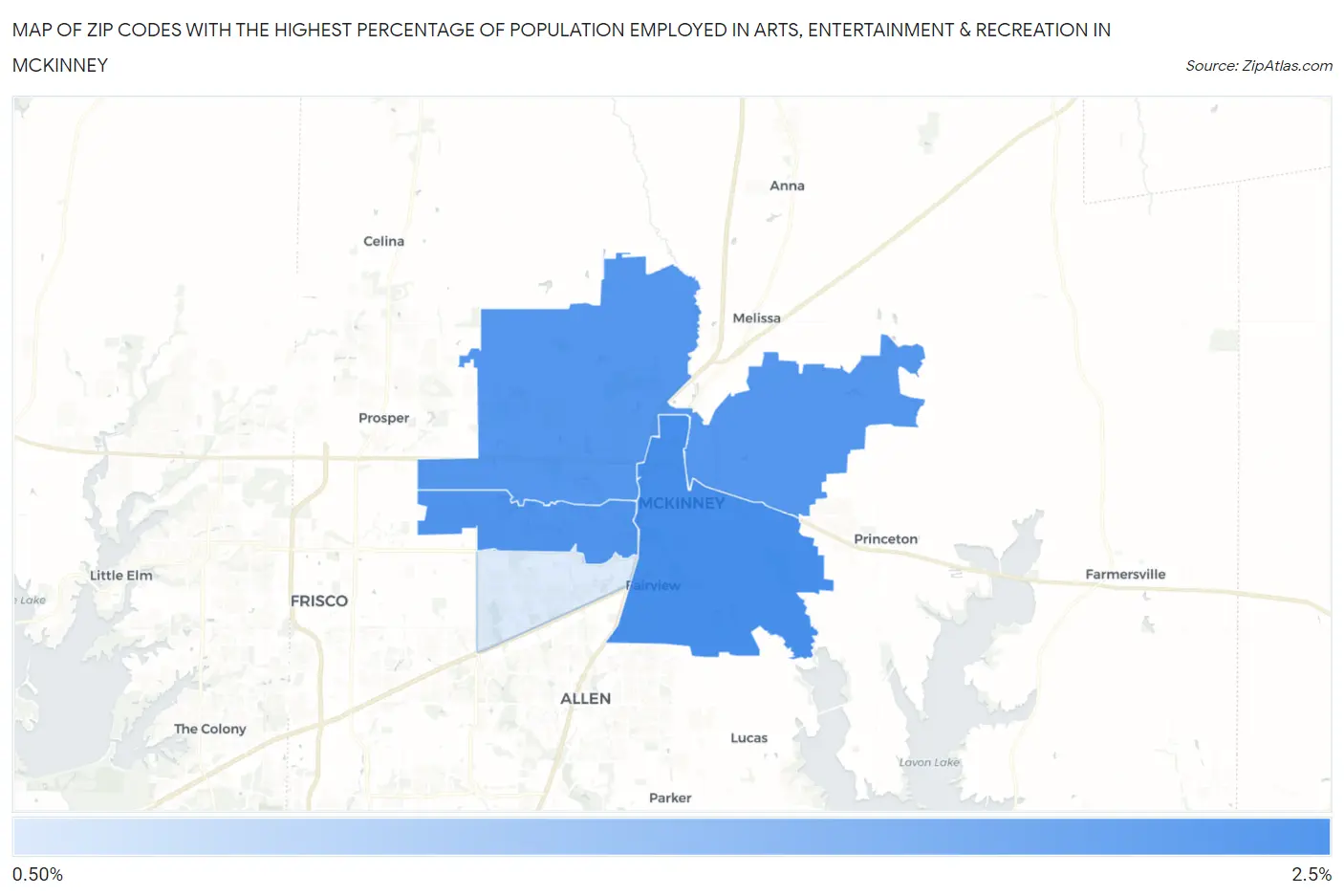 Zip Codes with the Highest Percentage of Population Employed in Arts, Entertainment & Recreation in Mckinney Map