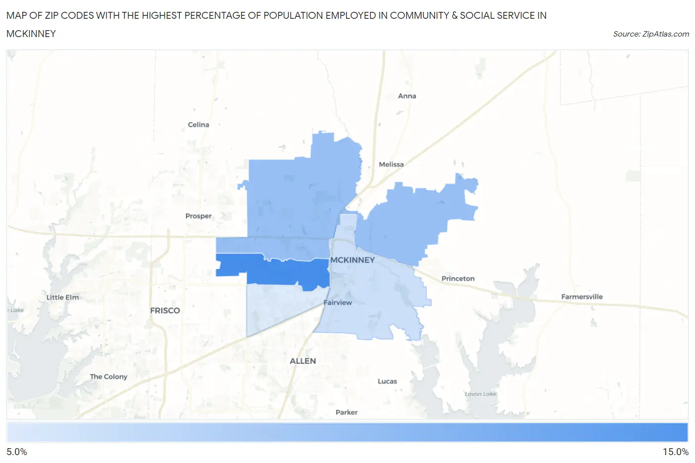 Zip Codes with the Highest Percentage of Population Employed in Community & Social Service  in Mckinney Map