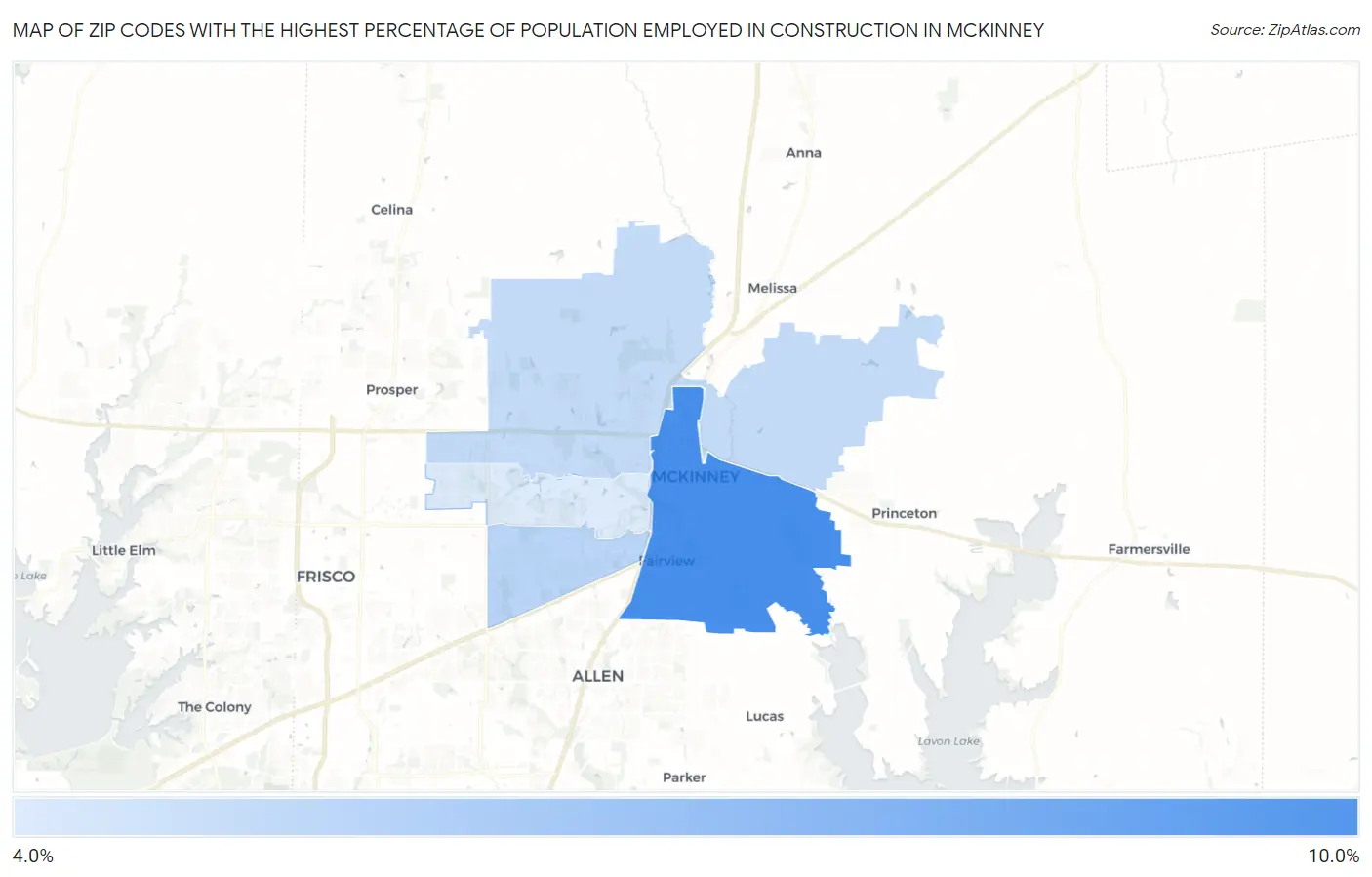Zip Codes with the Highest Percentage of Population Employed in Construction in Mckinney Map