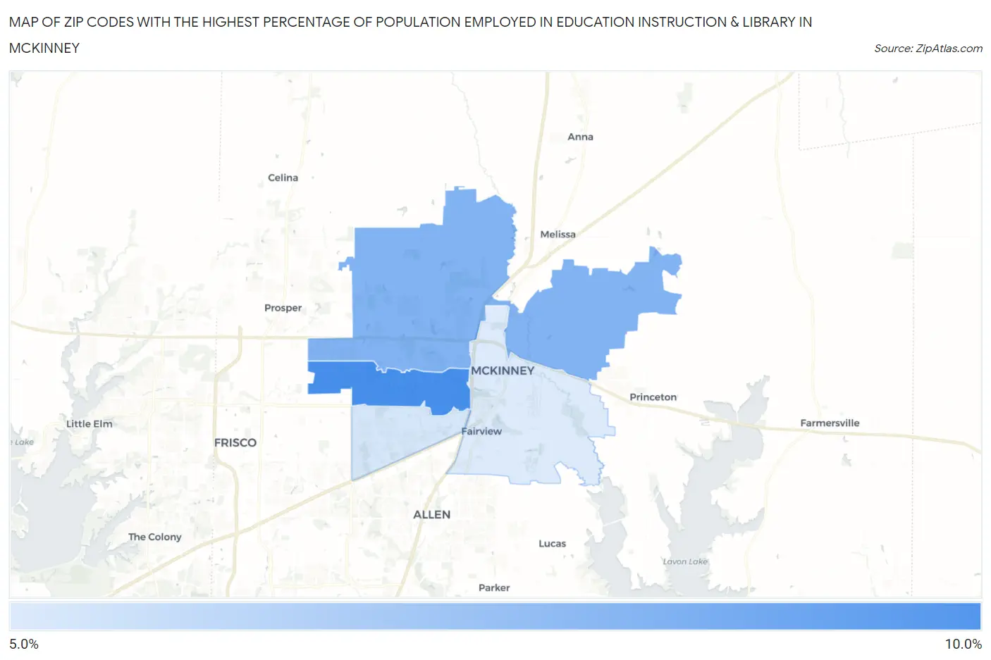 Zip Codes with the Highest Percentage of Population Employed in Education Instruction & Library in Mckinney Map