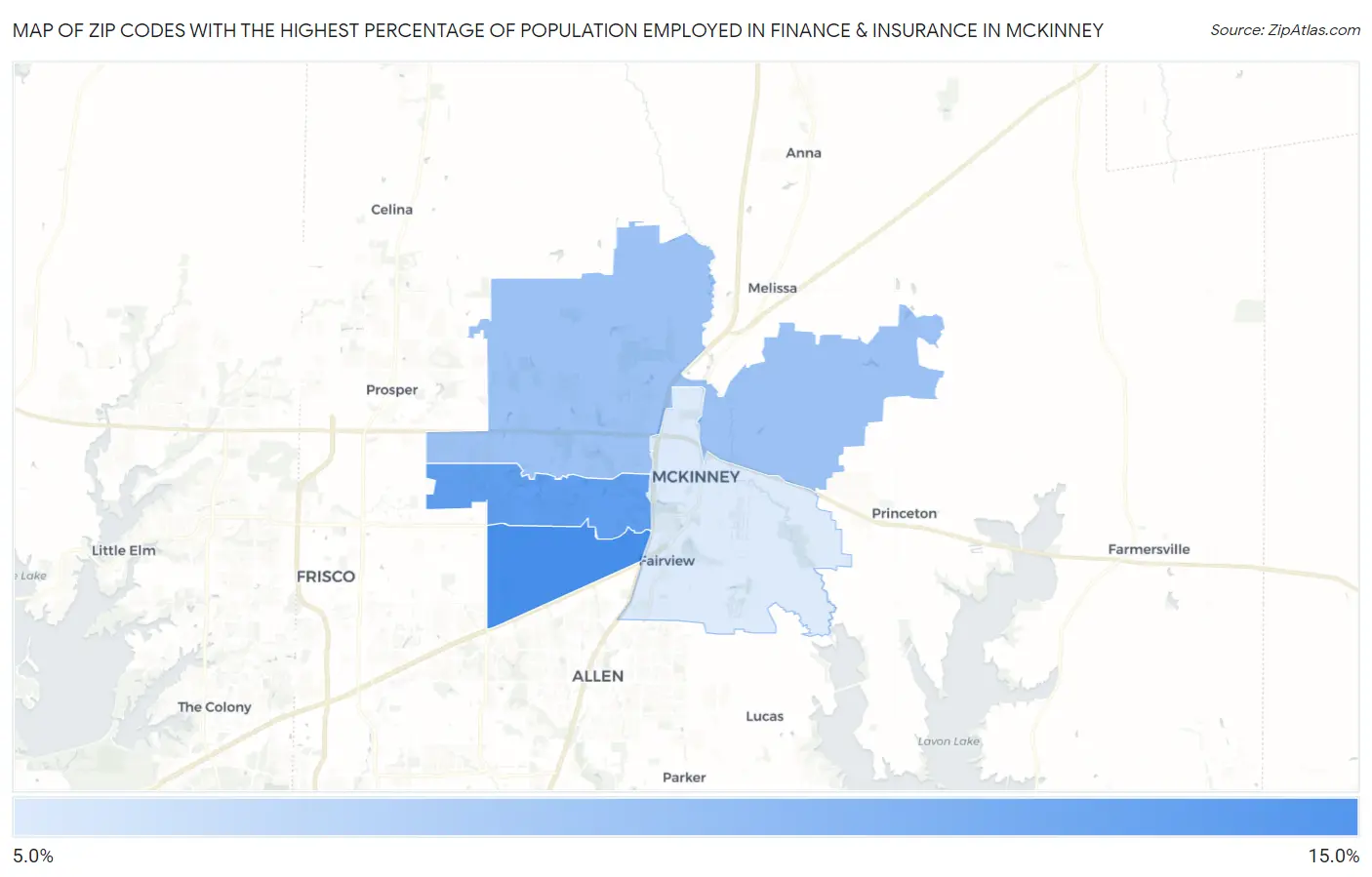 Zip Codes with the Highest Percentage of Population Employed in Finance & Insurance in Mckinney Map