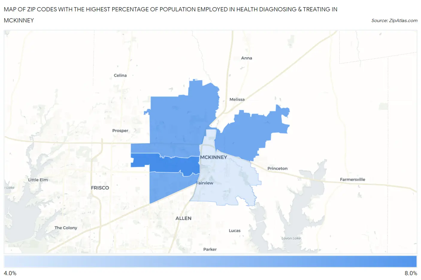 Zip Codes with the Highest Percentage of Population Employed in Health Diagnosing & Treating in Mckinney Map