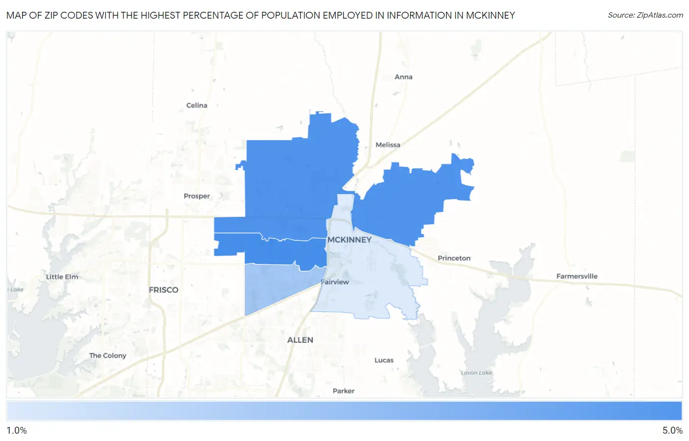 Zip Codes with the Highest Percentage of Population Employed in Information in Mckinney Map