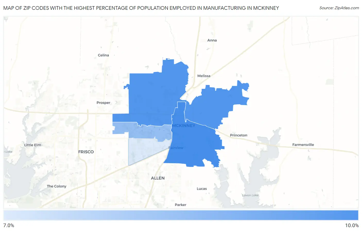 Zip Codes with the Highest Percentage of Population Employed in Manufacturing in Mckinney Map