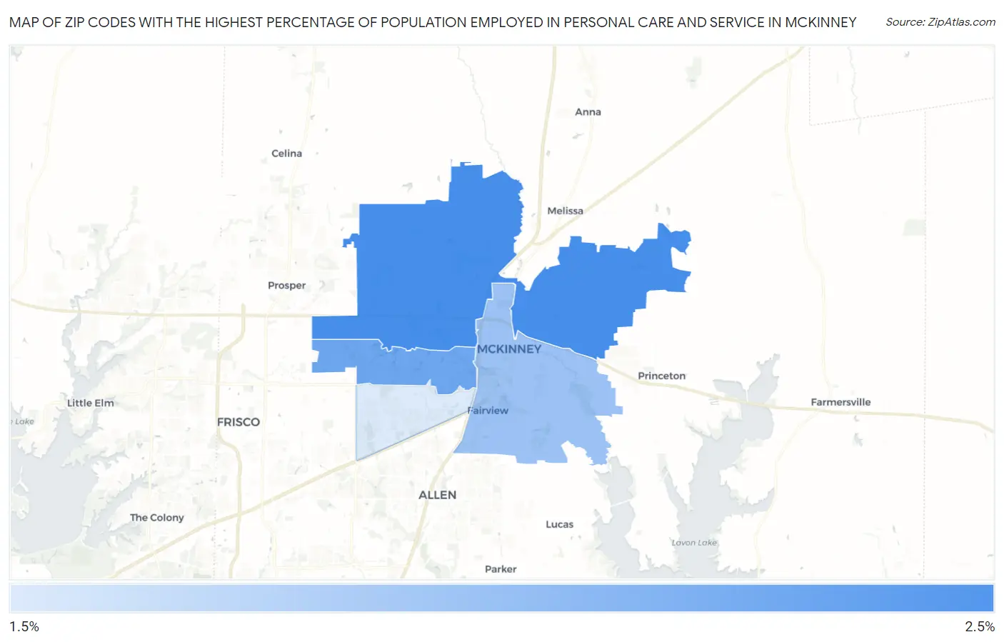 Zip Codes with the Highest Percentage of Population Employed in Personal Care and Service in Mckinney Map