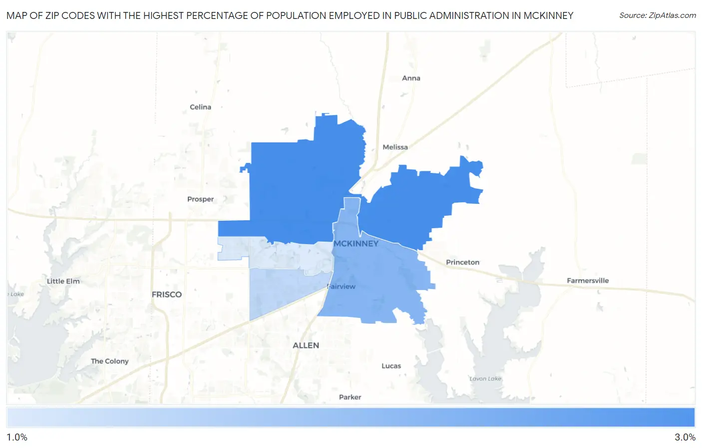 Zip Codes with the Highest Percentage of Population Employed in Public Administration in Mckinney Map