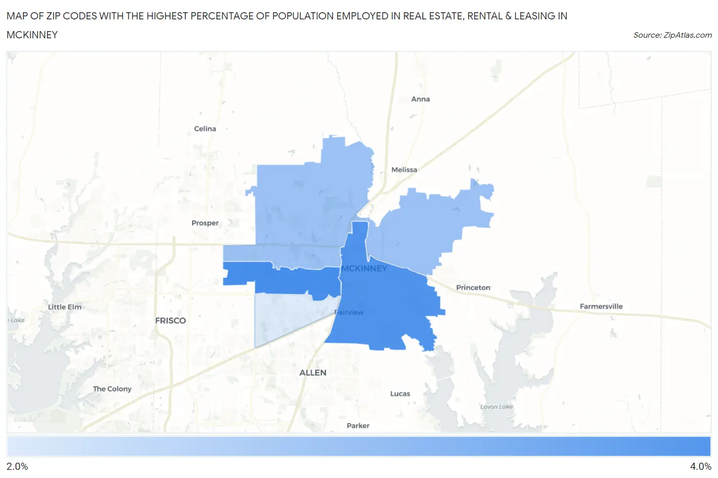 Zip Codes with the Highest Percentage of Population Employed in Real Estate, Rental & Leasing in Mckinney Map