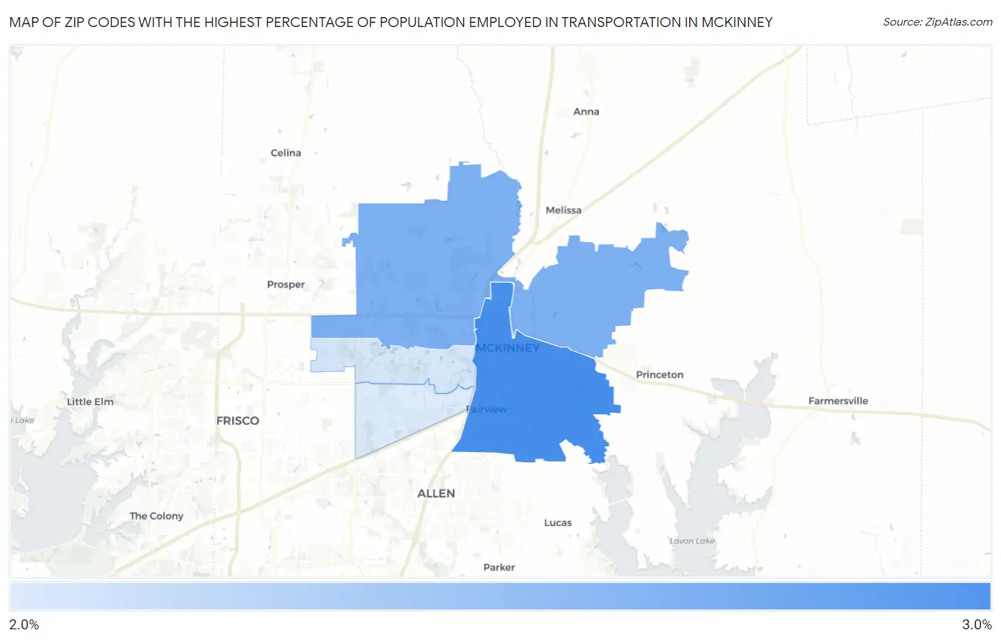 Zip Codes with the Highest Percentage of Population Employed in Transportation in Mckinney Map